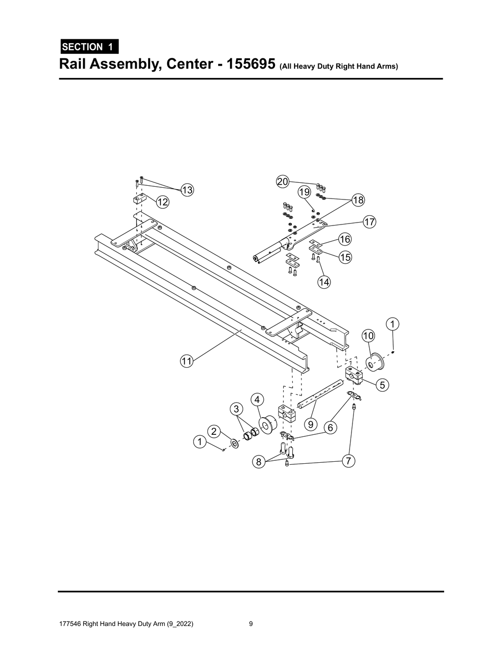 Heavy Duty RH Arm - PG 009 - Section 1 - Rail Assembly, Center - 155695