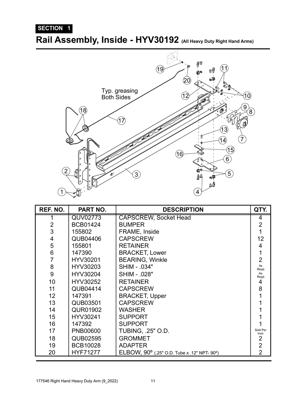 Section 1 - Rail Assembly, Inside - HYV30192 - Heavy Duty RH Arm