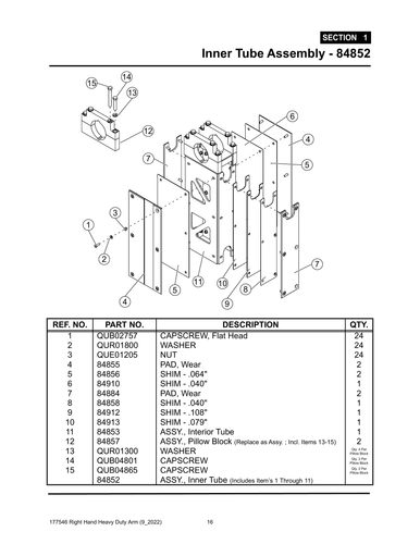 Section 1 - Inner Tube Assembly - 84852 - Heavy Duty RH Arm