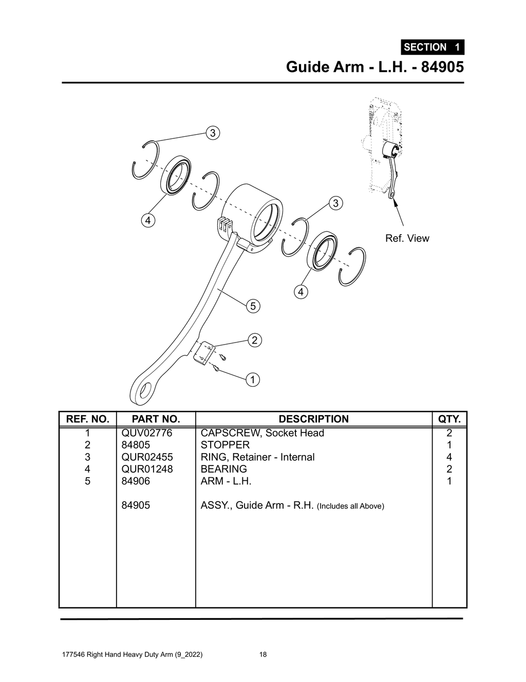 Section 1 - Guide Arm - L.H. - 84905 - Heavy Duty RH Arm