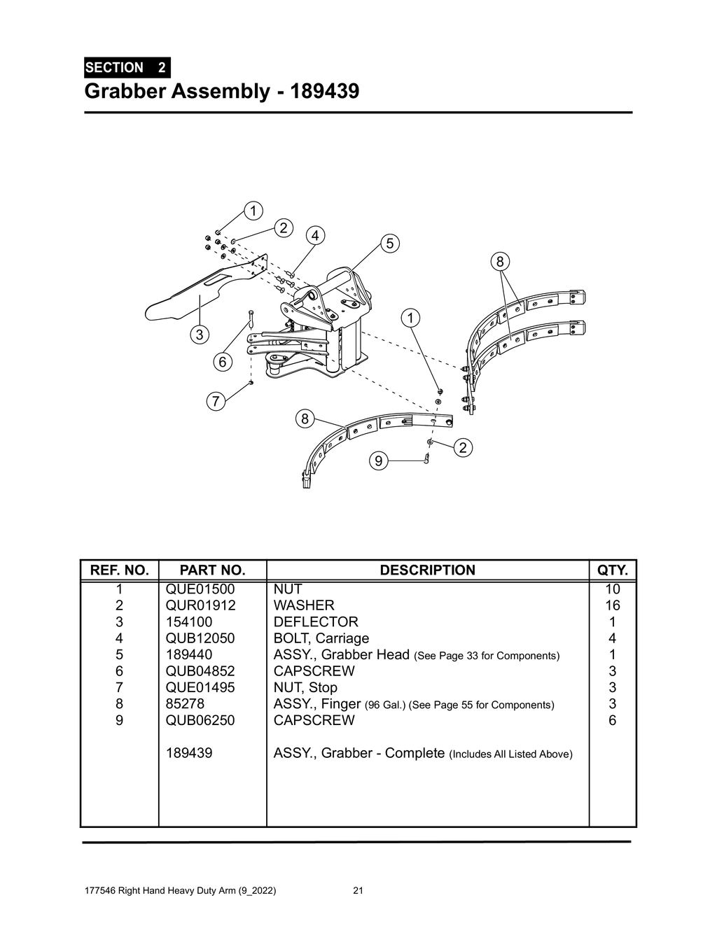 Section 2 - Grabber Assembly - 189439 - Heavy Duty RH Arm