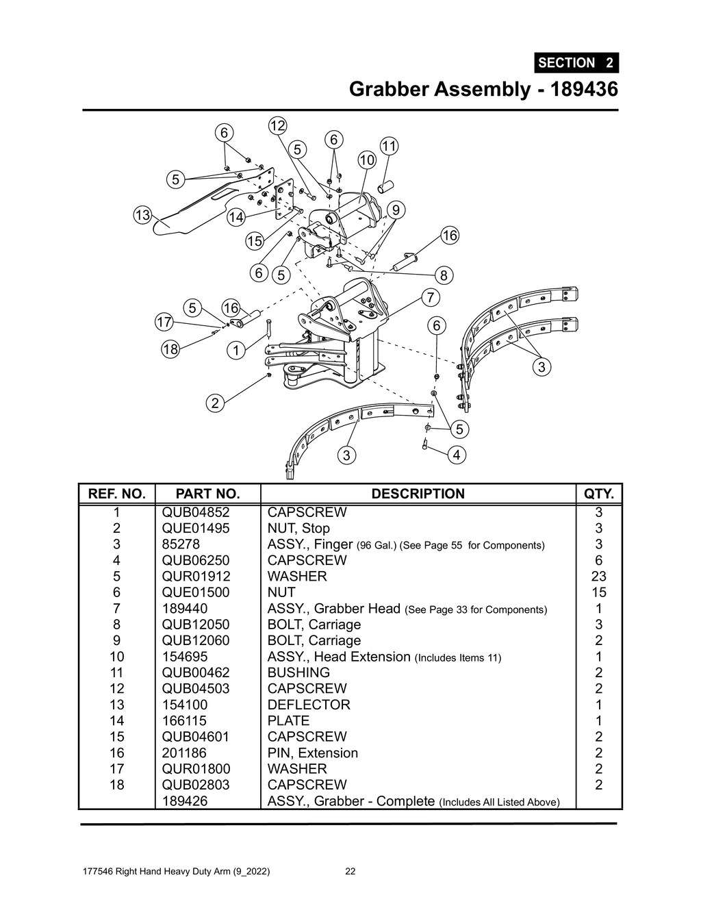 Section 2 - Grabber Assembly - 189436 - Heavy Duty RH Arm