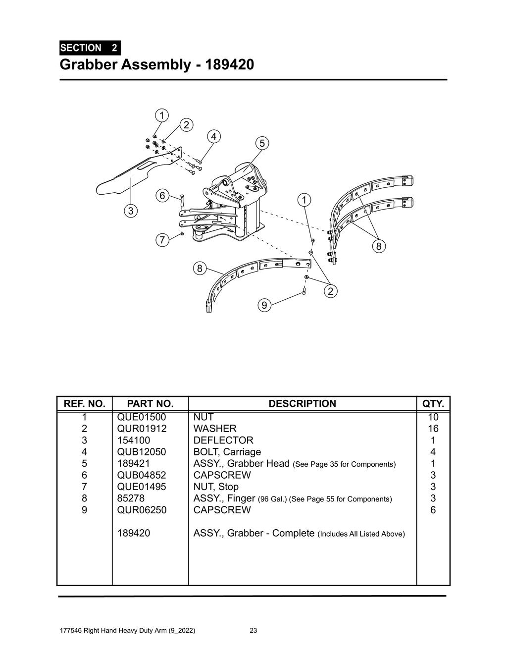 Section 2 - Grabber Assembly - 189420 - Heavy Duty RH Arm