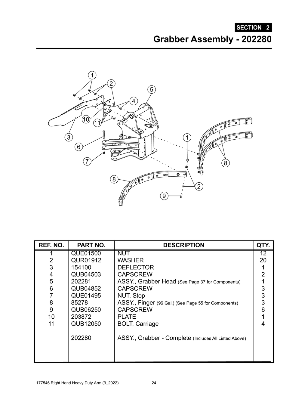 Section 2 - Grabber Assembly - 202280 - Heavy Duty RH Arm