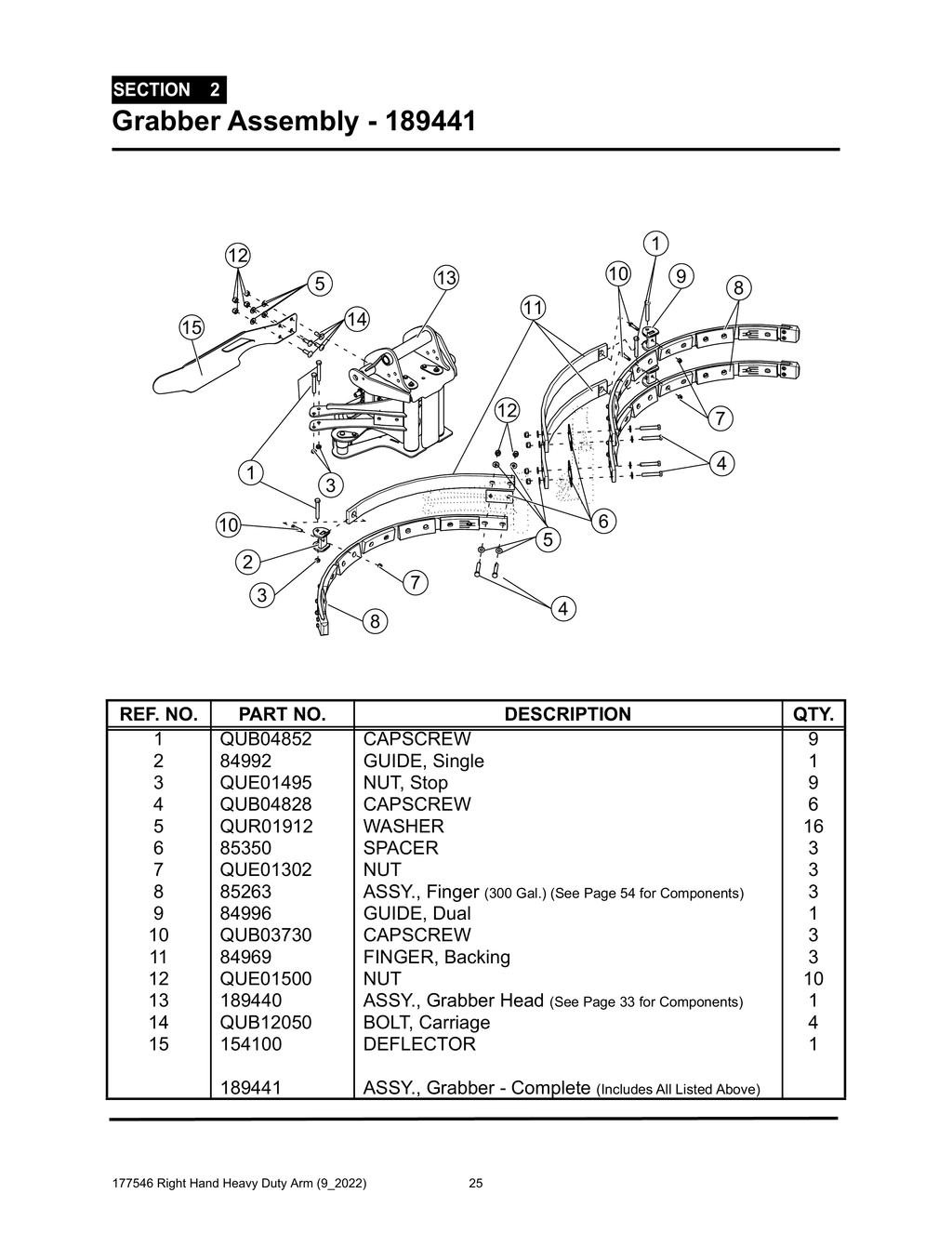 Section 2 - Grabber Assembly - 189441 - Heavy Duty RH Arm