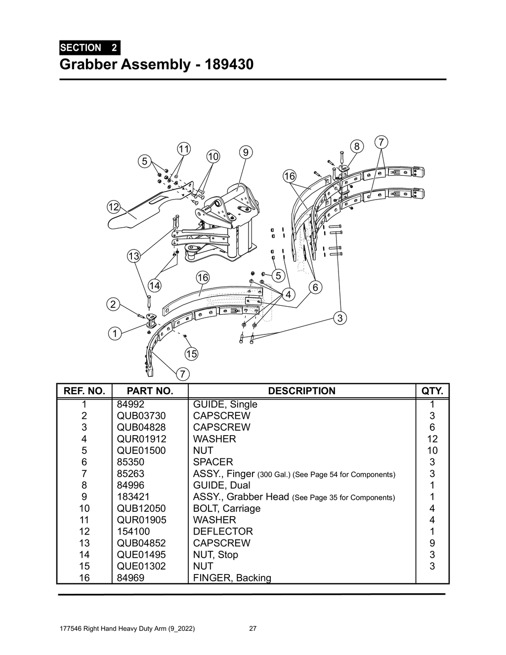 Section 2 - Grabber Assembly - 189430 - Heavy Duty RH Arm
