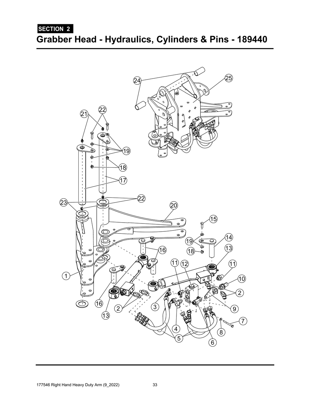 Section 2 - Grabber Head - Hydraulics, Cylinders & Pins - 189440 - Heavy Duty RH Arm