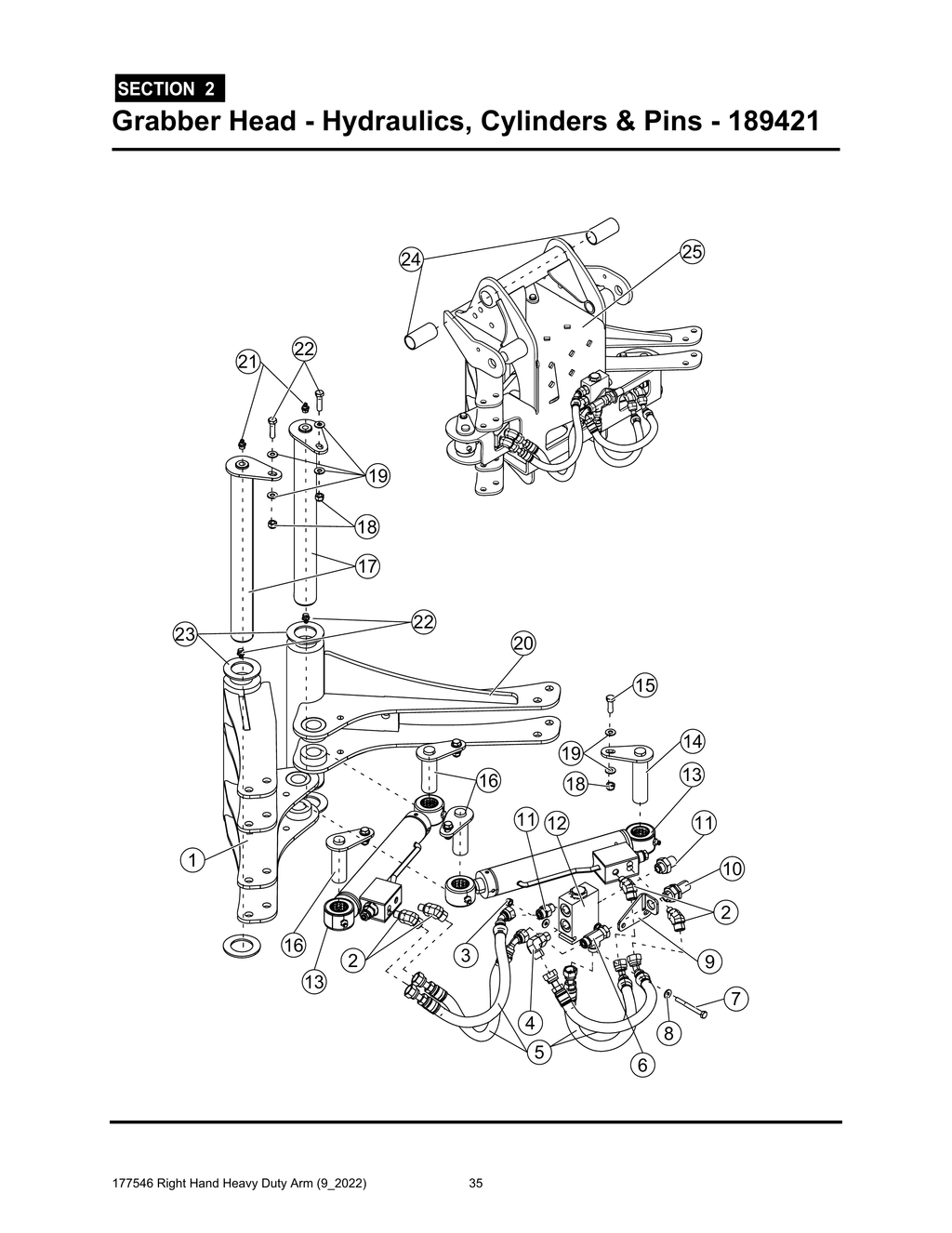 Section 2 - Grabber Head - Hydraulics, Cylinders & Pins - 189421 - Heavy Duty RH Arm