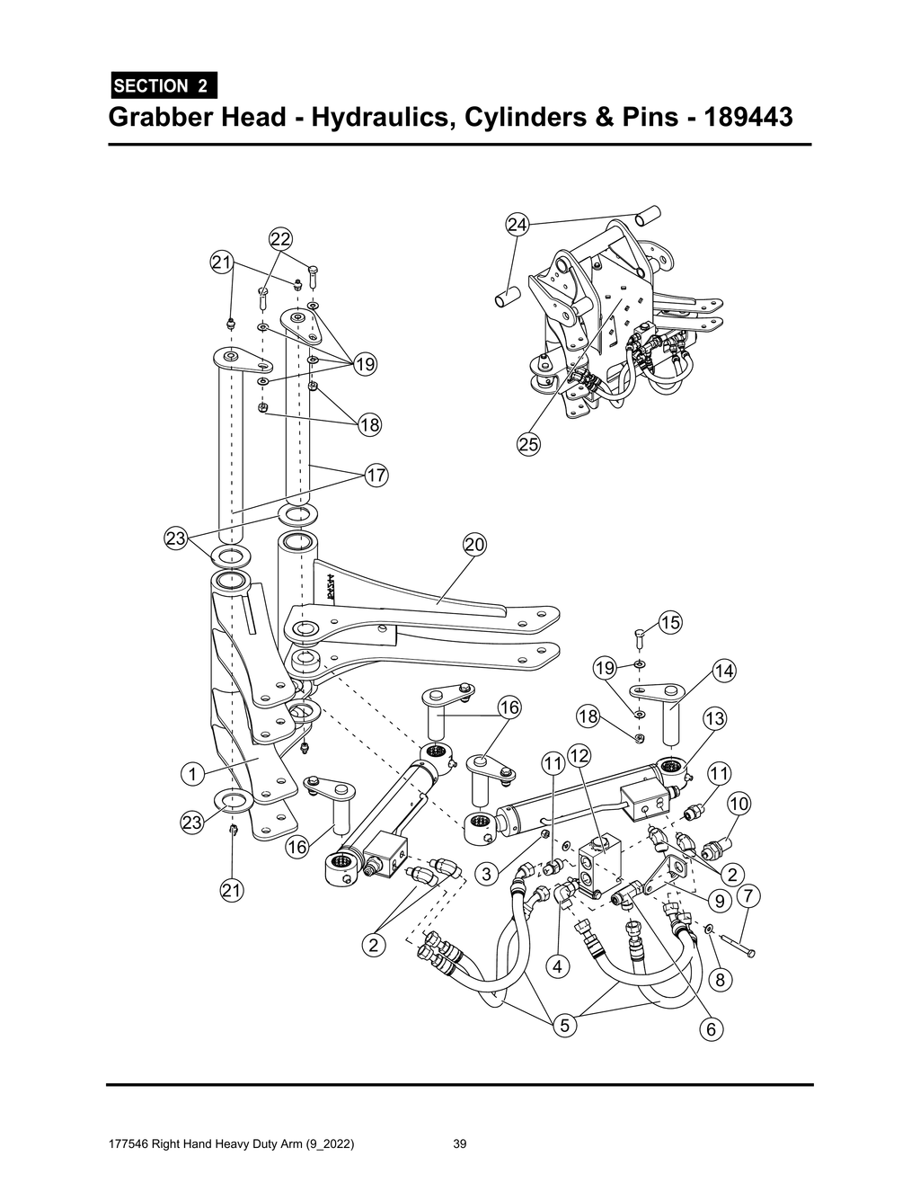 Section 2 - Grabber Head - Hydraulics, Cylinders & Pins - 189443 - Heavy Duty RH Arm