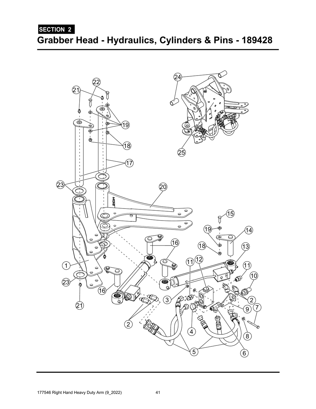 Section 2 - Grabber Head - Hydraulics, Cylinders & Pins - 189428 - Heavy Duty RH Arm