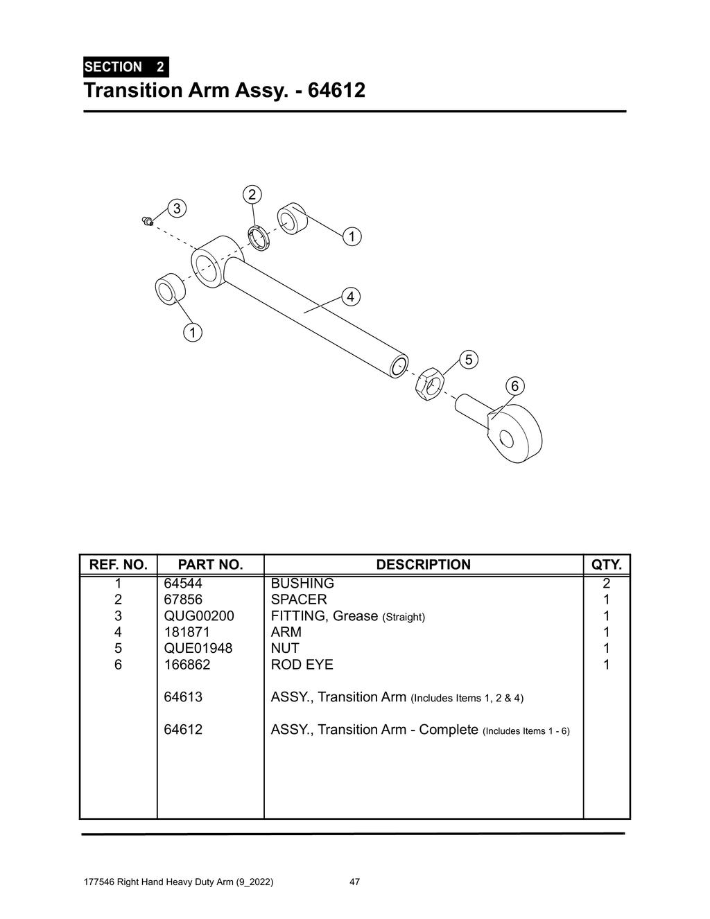Section 2 - Transition Arm Assy. - 64612 - Heavy Duty RH Arm