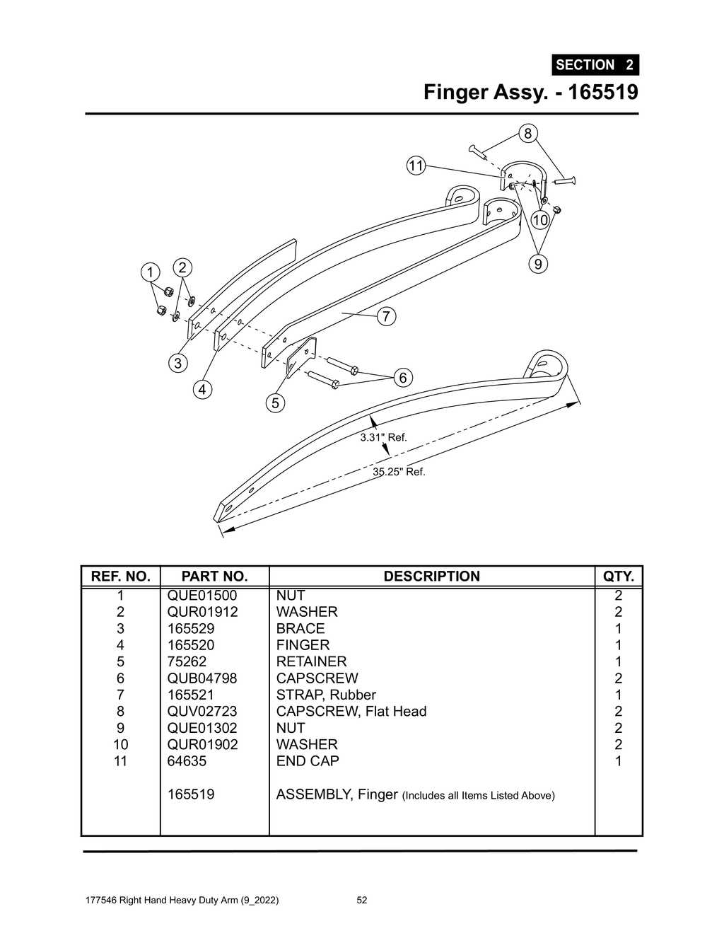 Section 2 - Finger Assy. - 165519 - Heavy Duty RH Arm