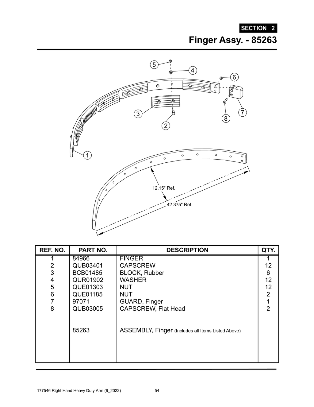 Section 2 - Finger Assy. - 85263 - Heavy Duty RH Arm