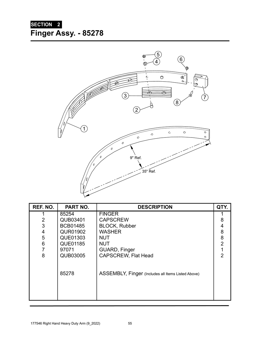 Section 2 - Finger Assy. - 85278 - Heavy Duty RH Arm