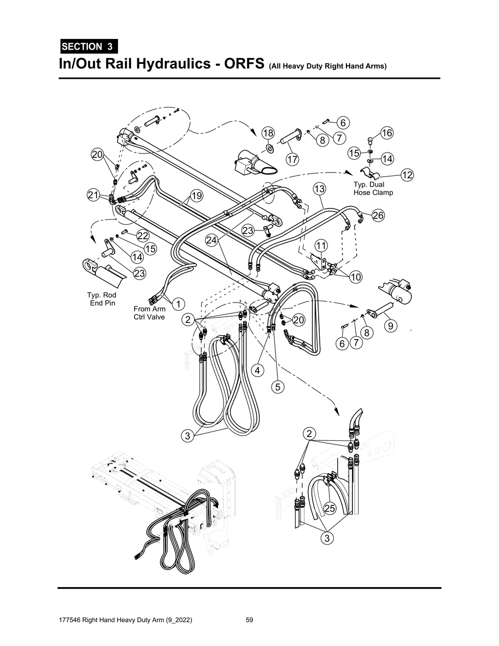 Section 3 - In/Out Rail Hydraulics - ORFS (All Heavy Duty Right Hand Arms) - Heavy Duty RH Arm
