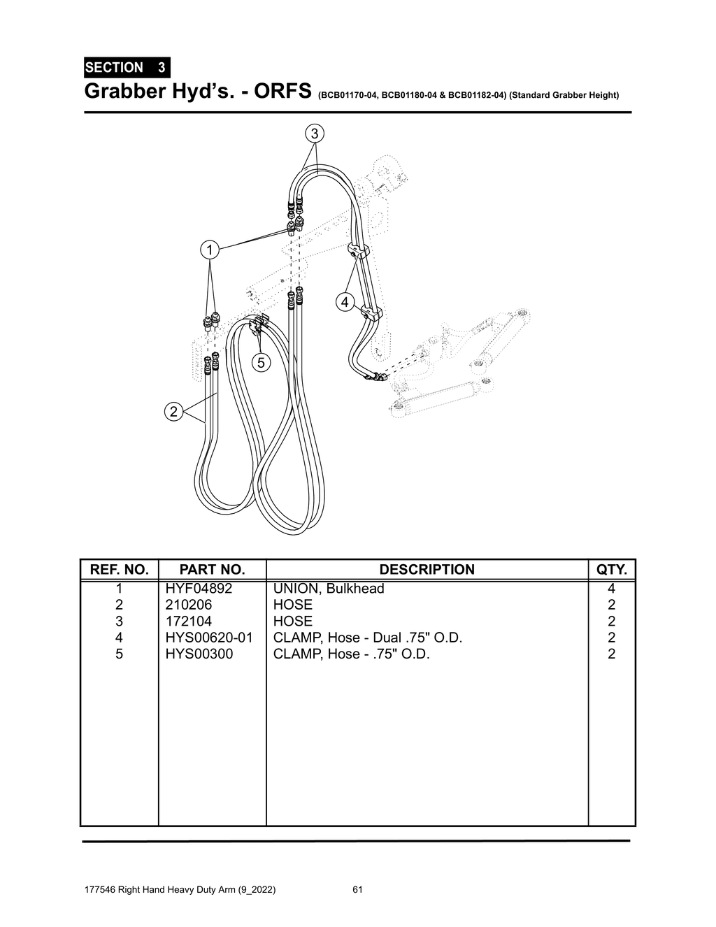 Section 3 - Grabber Hyd’s. - ORFS (BCB01170-04, BCB01180-04 & BCB01182-04) (Standard Grabber Height) - Heavy Duty RH Arm