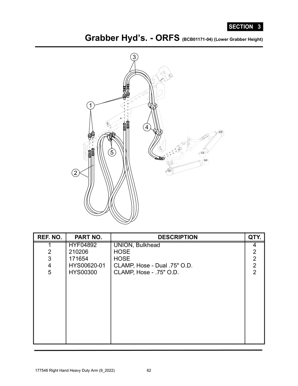 Section 3 - Grabber Hyd’s. - ORFS (BCB01171-04) (Lower Grabber Height) - Heavy Duty RH Arm