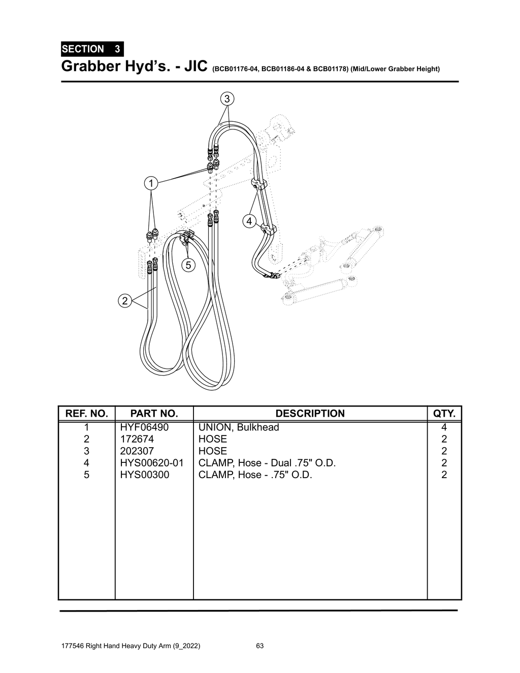 Section 3 - Grabber Hyd’s. - JIC (BCB01176-04, BCB01186-04 & BCB01178) (Mid/Lower Grabber Height) - Heavy Duty RH Arm