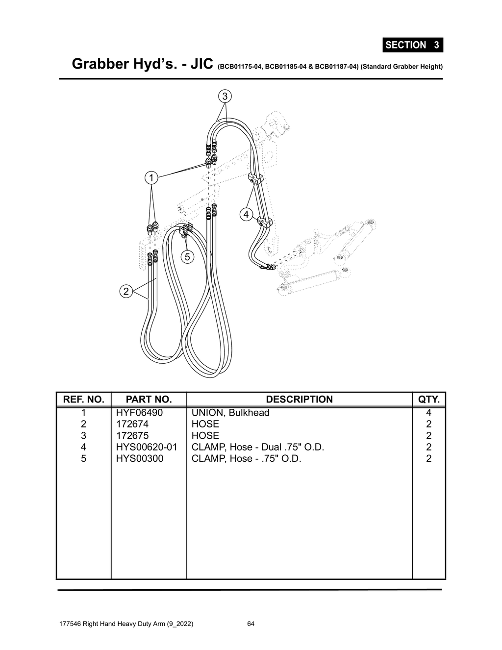 Section 3 - Grabber Hyd’s. - JIC (BCB01175-04, BCB01185-04 & BCB01187-04) (Standard Grabber Height) - Heavy Duty RH Arm