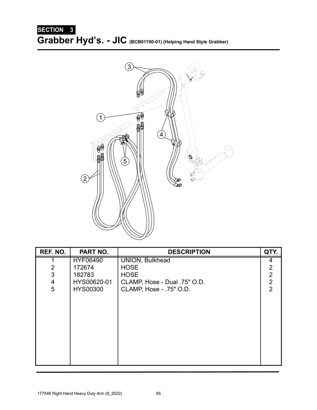 Section 3 - Grabber Hyd’s. - JIC (BCB01190-01) (Helping Hand Style Grabber) - Heavy Duty RH Arm