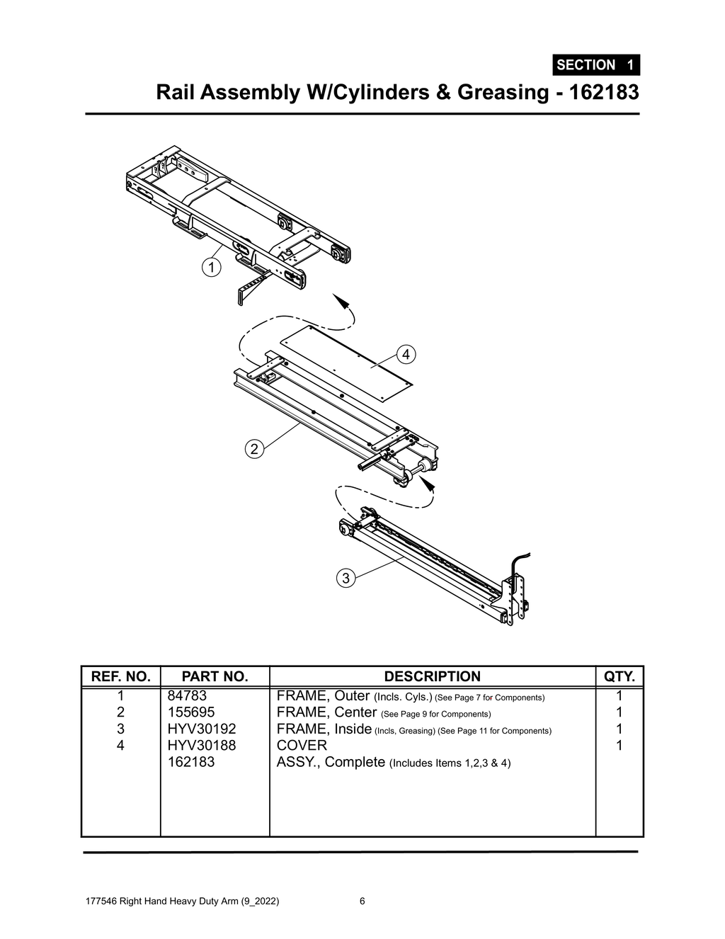Section 1 - Rail Assembly W/Cylinders & Greasing - 162183 - Heavy Duty RH Arm