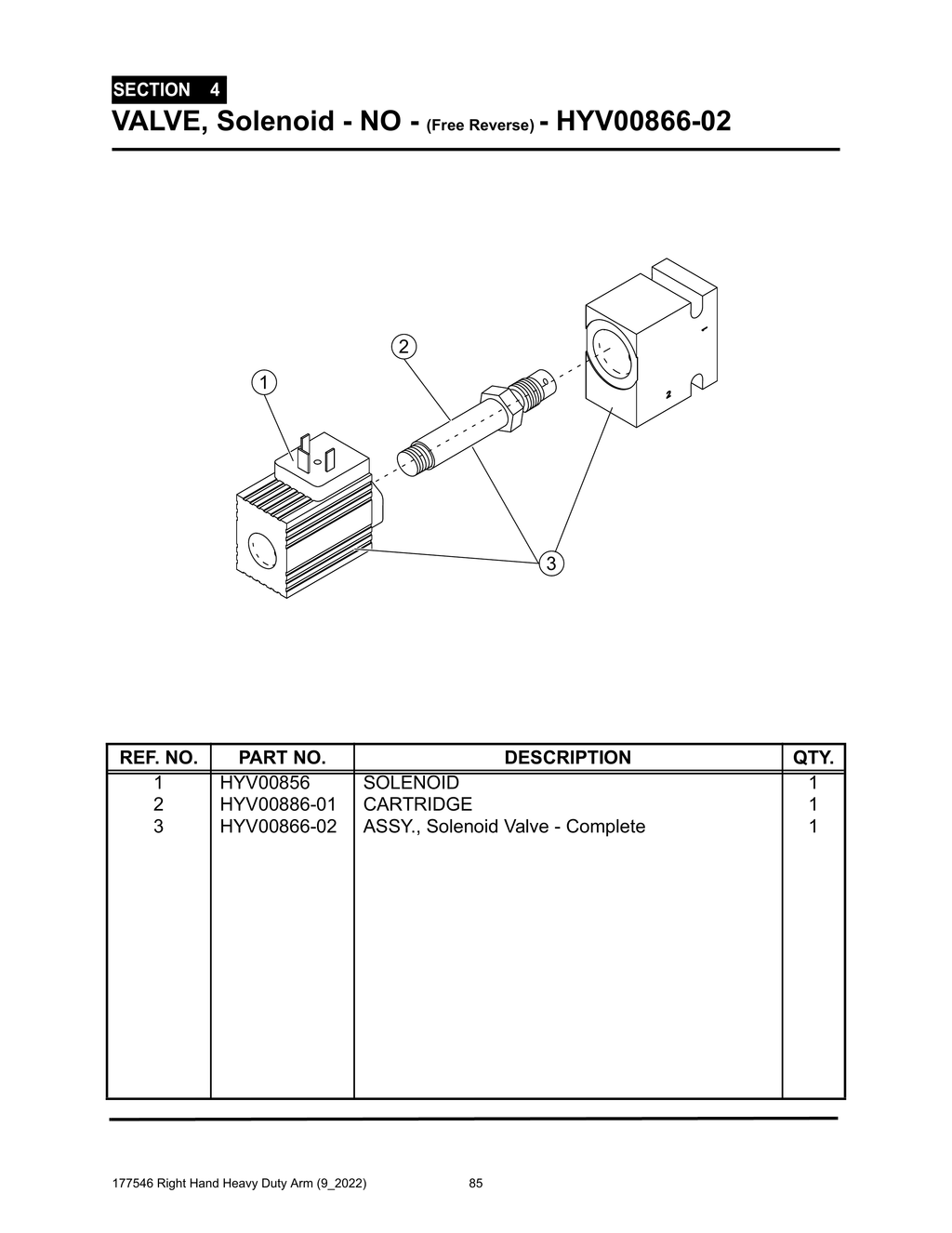Section 4 - VALVE, Solenoid - NO - (Free Reverse) - HYV00866-02 - Heavy Duty RH Arm