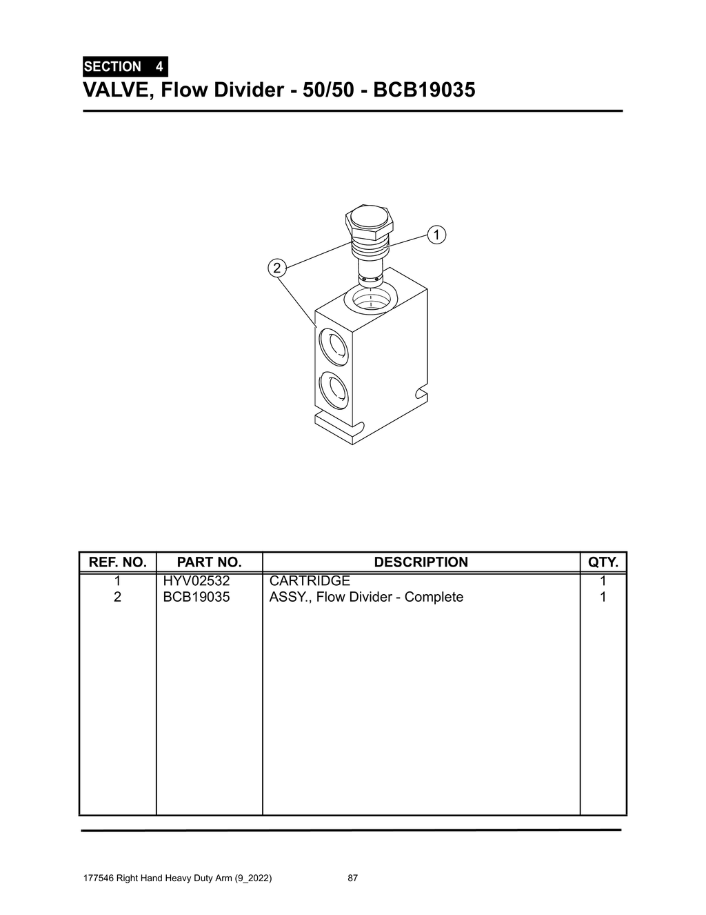 Section 4 - VALVE, Flow Divider - 50/50 - BCB19035 - Heavy Duty RH Arm
