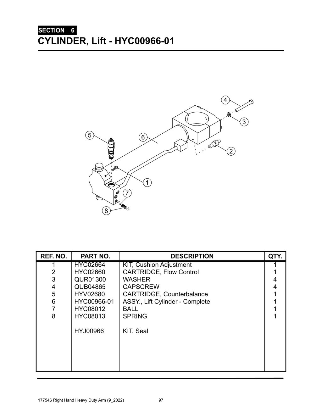 Section 6 - CYLINDER, Lift - HYC00966-01 - Heavy Duty RH Arm