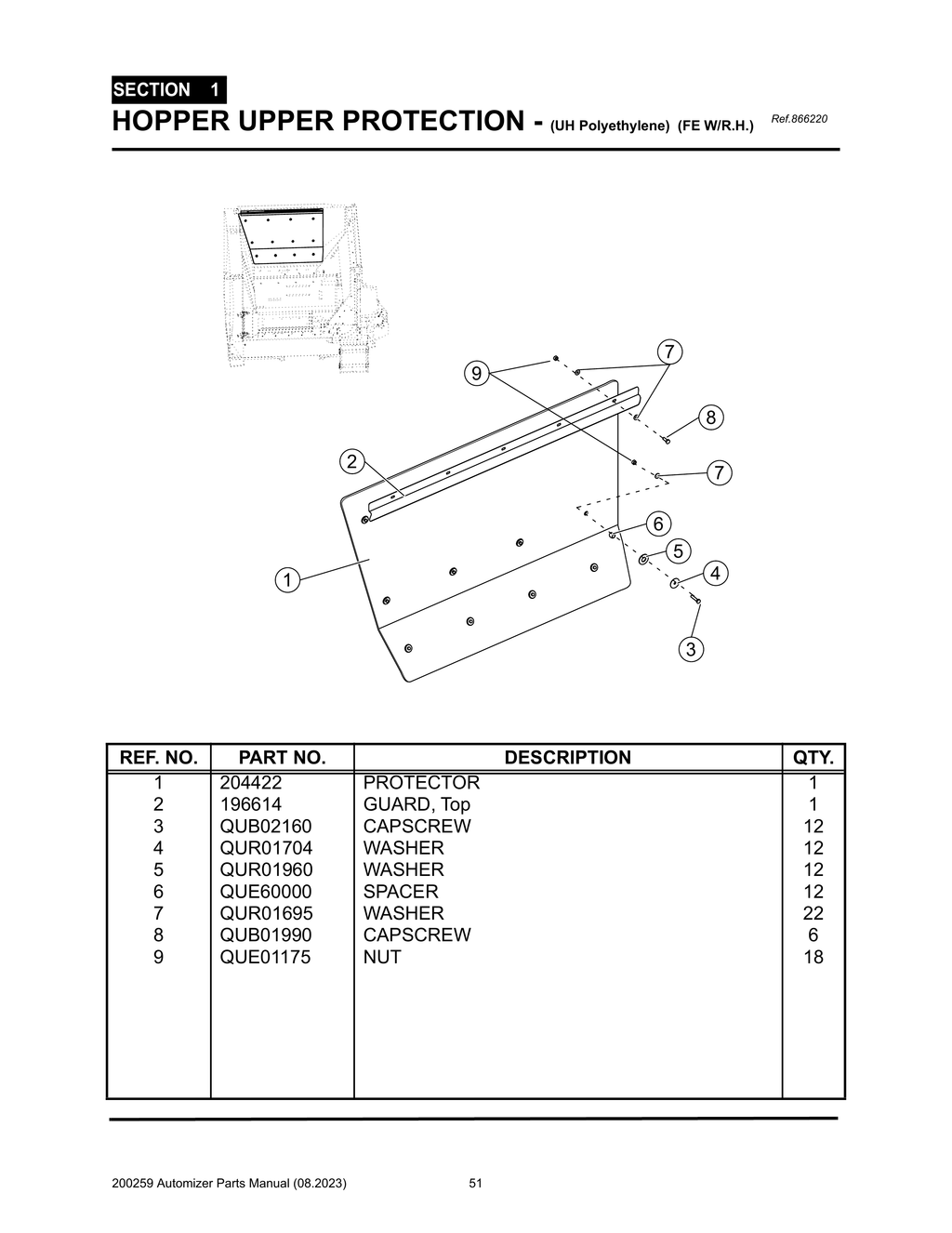 Automizer - PG 051 - Section 1 - HOPPER UPPER PROTECTION - (UH Polyethylene) (FE W/R.H.)