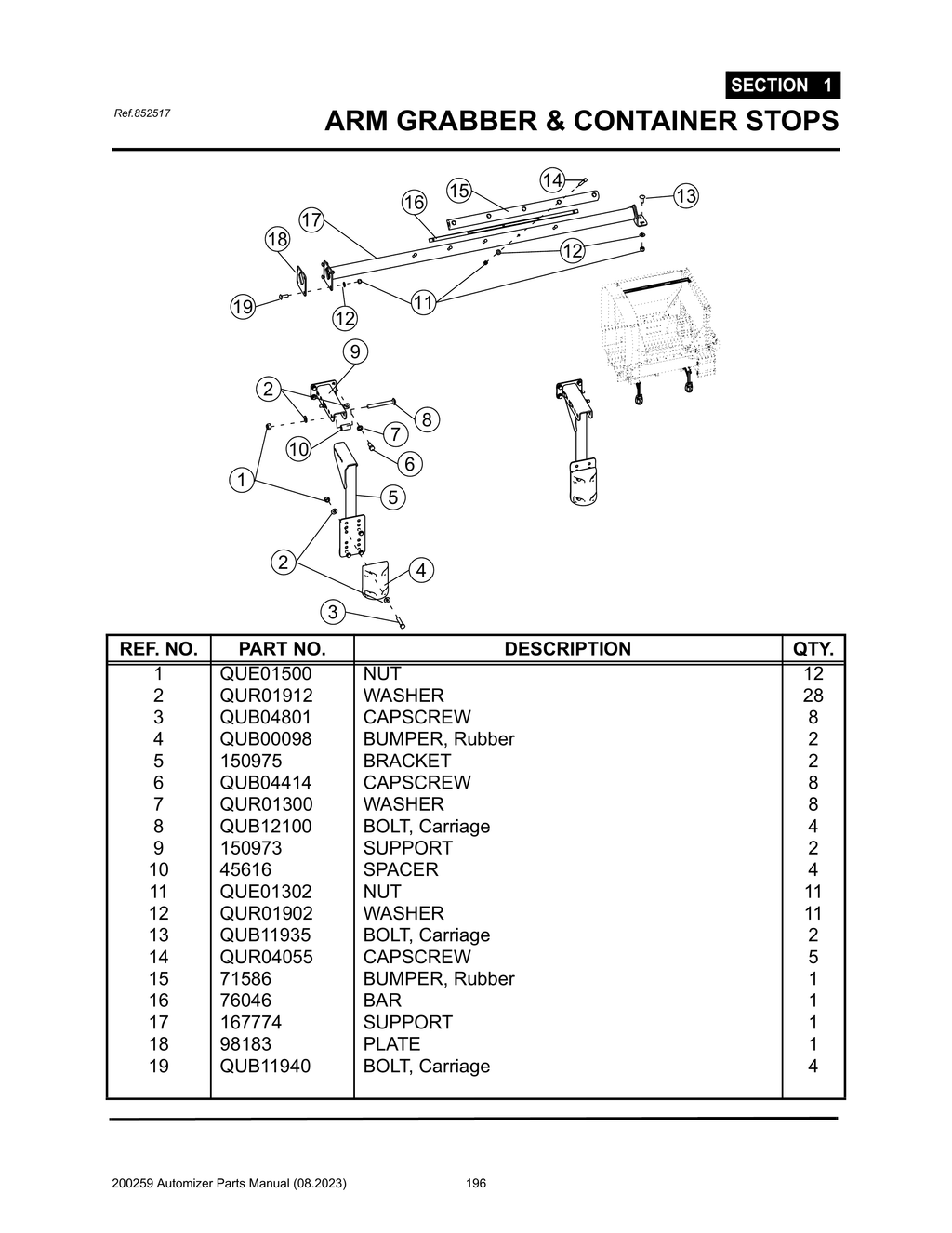 Automizer - PG 196 - Section 1 -  ARM GRABBER & CONTAINER STOPS - 852517