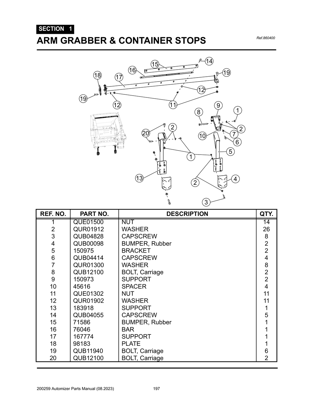 Automizer - PG 197 - Section 1 - ARM GRABBER & CONTAINER STOPS - 860400