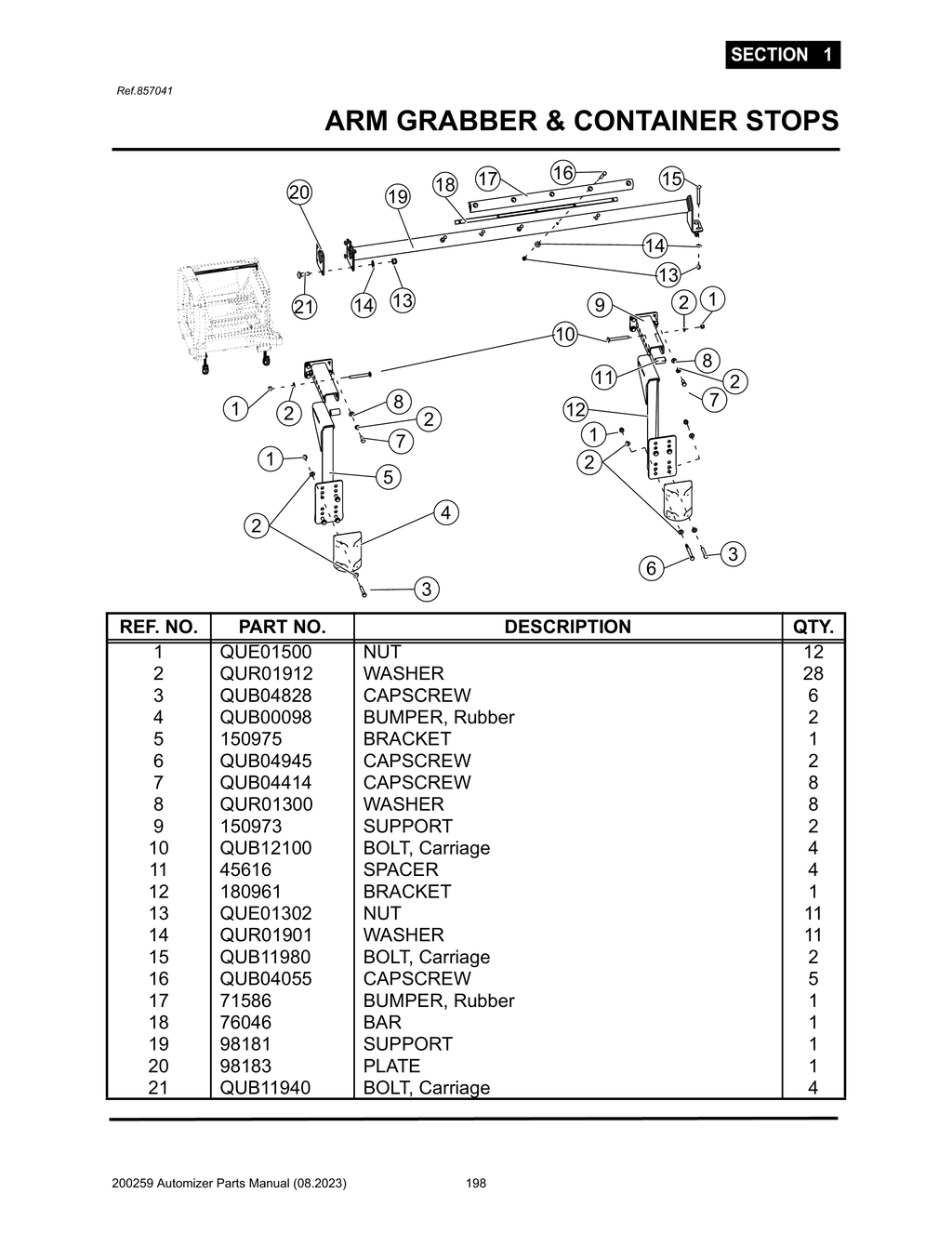 Automizer - PG 198 - Section 1 - ARM GRABBER & CONTAINER STOPS - 857041