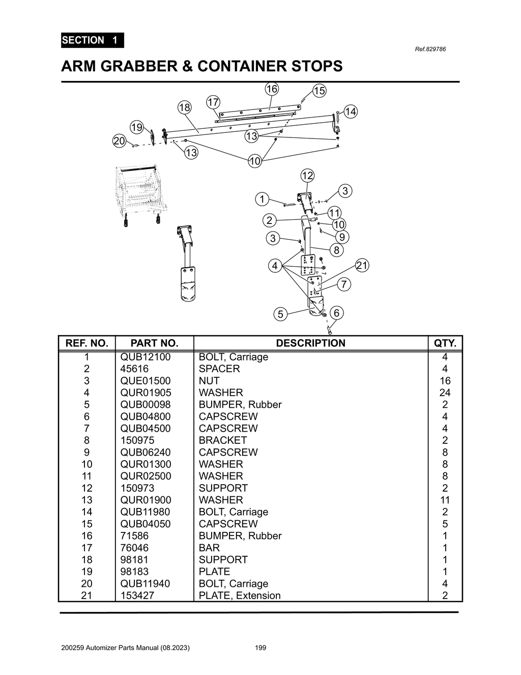 Automizer - PG 199 - Section 1 - ARM GRABBER & CONTAINER STOPS - 829786