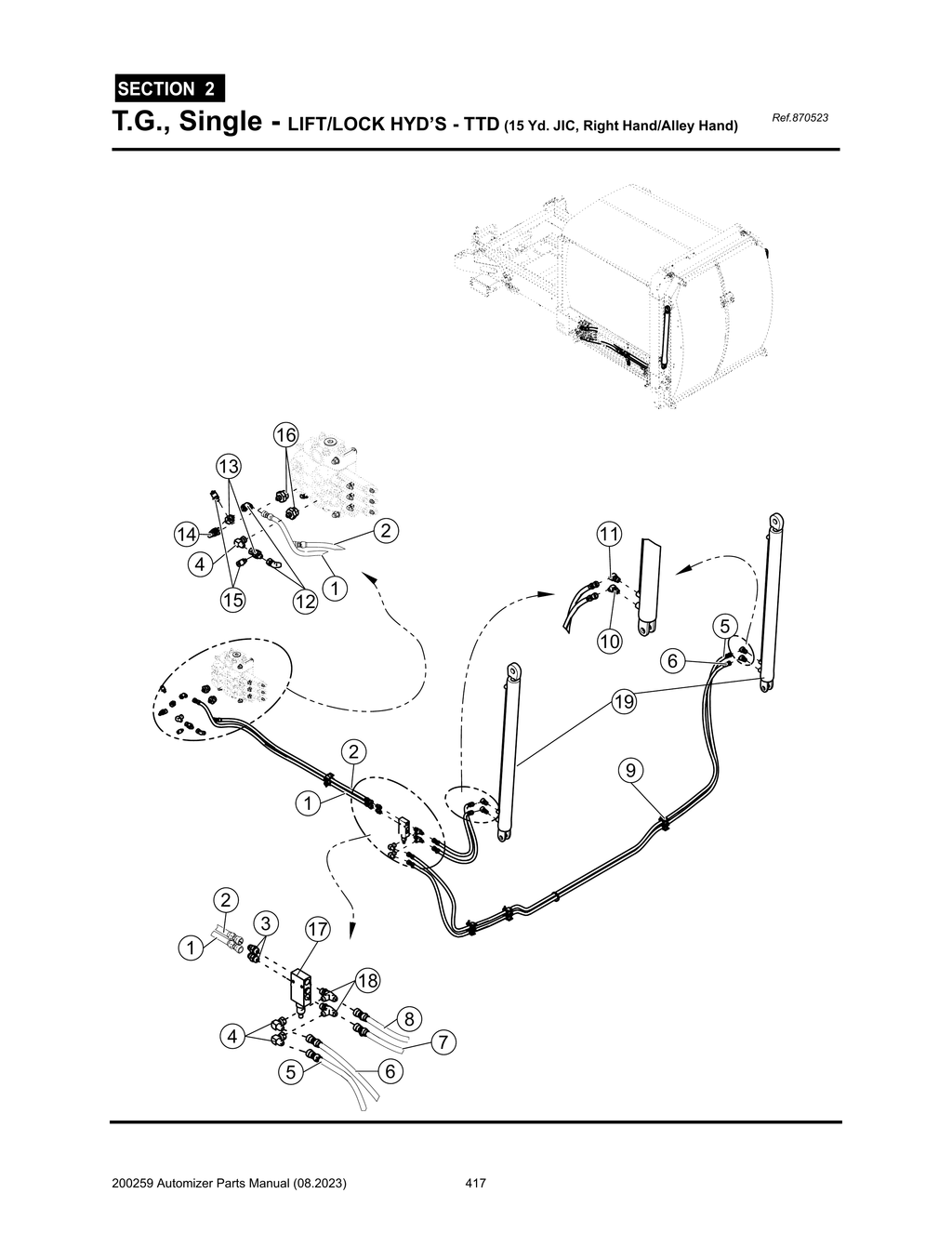 Automizer - PG 417 - Section 2 - T.G., Single - LIFT/LOCK HYD’S - TTD (15 Yd. JIC, Right Hand/Alley Hand)