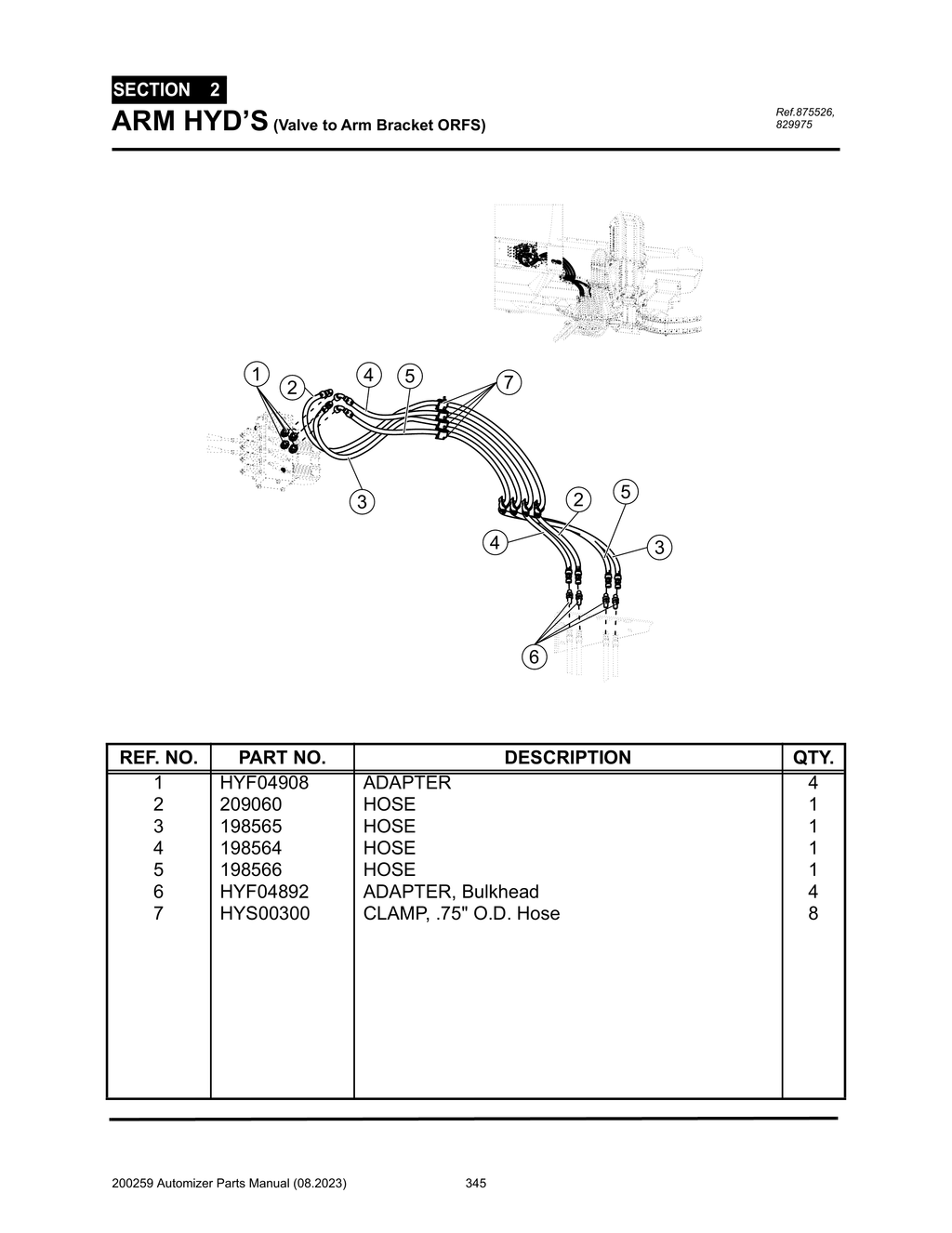 Automizer - PG 345 - Section 2 - ARM HYD’S (Valve to Arm JIC) - Pendulum Packer/Right Hand) 875526, 829975