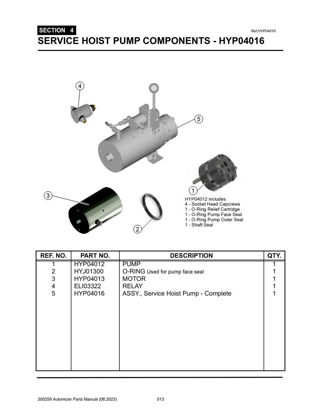 Automizer - PG 513 - Section 4 - SERVICE HOIST PUMP COMPONENTS - HYP04016