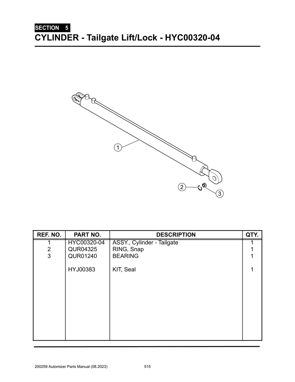 Automizer - PG 515 - Section 5 - CYLINDER - Tailgate Lift/Lock - HYC00320-04