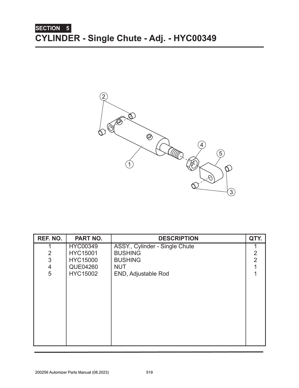 Automizer - PG 519 - Section 5 - CYLINDER - Single Chutes - Adj. - HYC00349