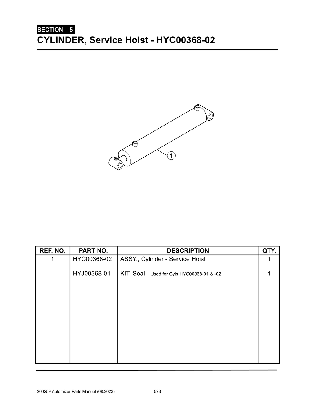 Automizer - PG 523 - Section 5 - CYLINDER, Service Hoist - HYC00368-02