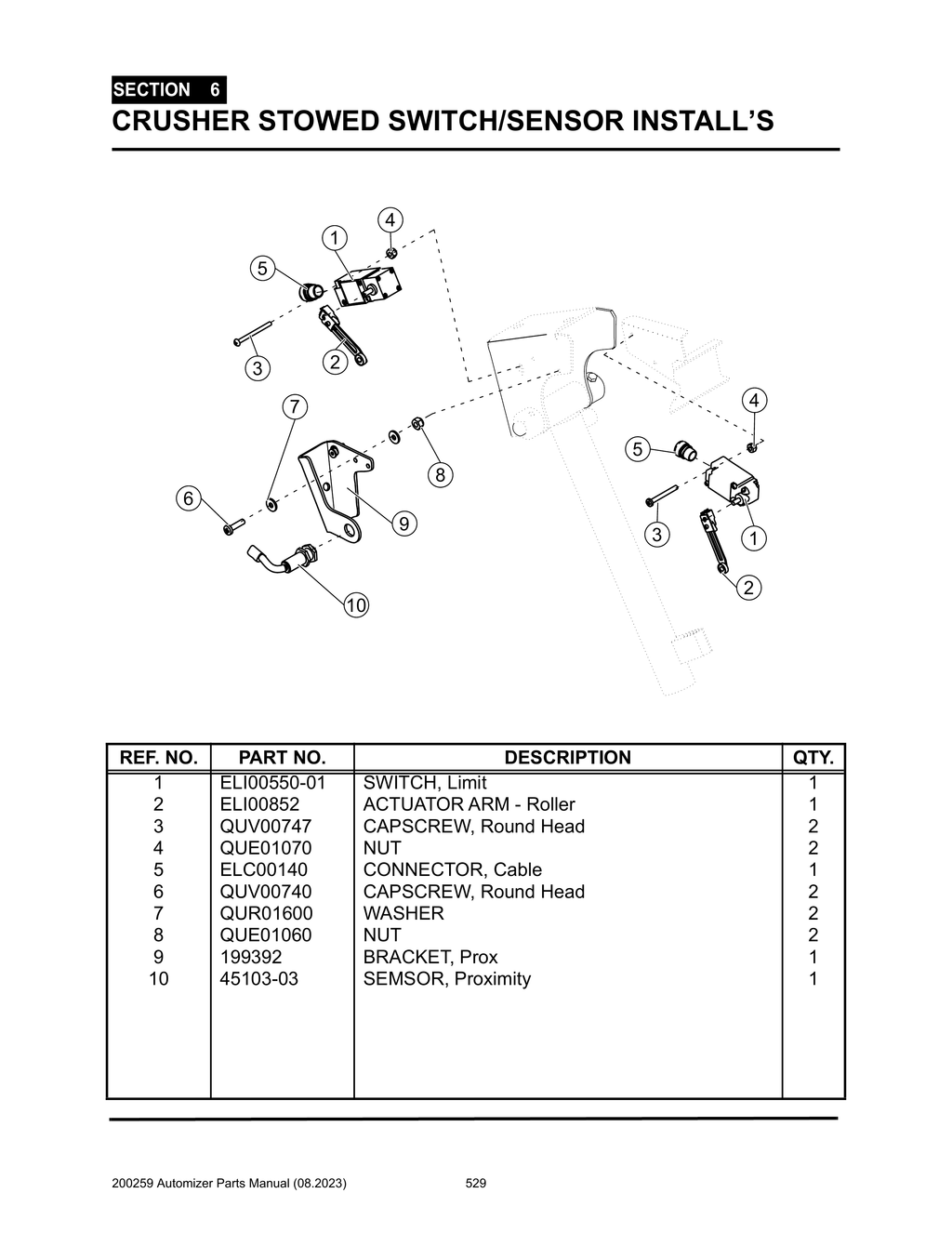 Automizer - PG 529 - Section 6 - CRUSHER STOWED SWITCH/SENSOR INSTALLS