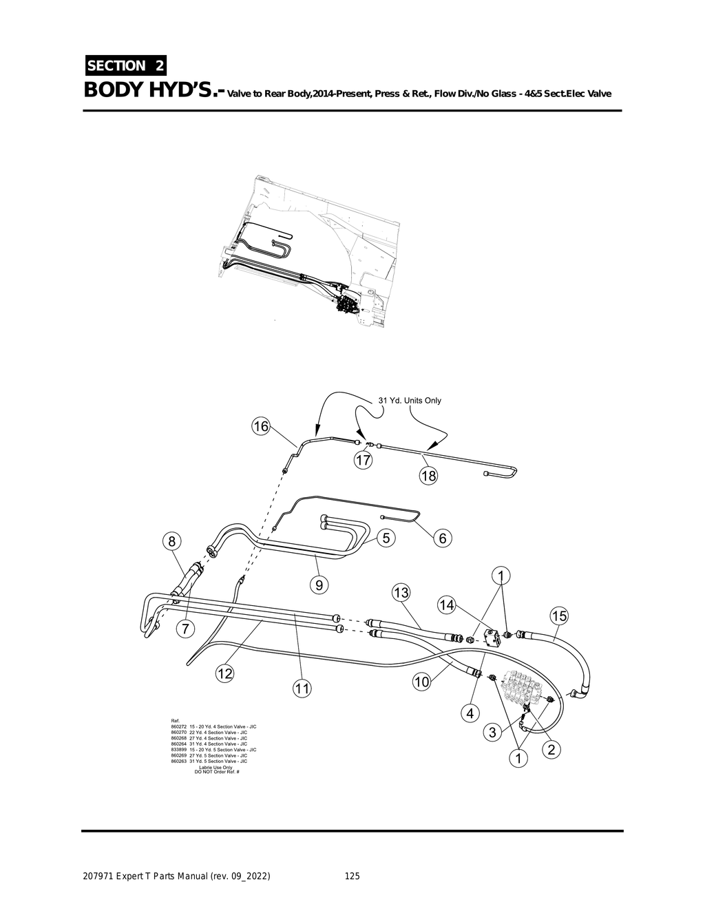 EXPERT - PG 125 - Section 2 - BODY HYD’S.- Valve to Rear Body,2014-Present, Press & Ret., Flow Div./No Glass - 4&5 Sect.Elec Valve
