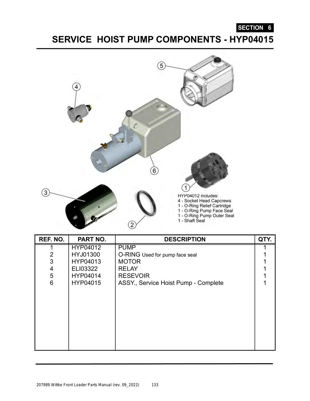 Wittke - All Models - PG 133 - Section 6 - SERVICE HOIST PUMP COMPONENTS - HYP04015