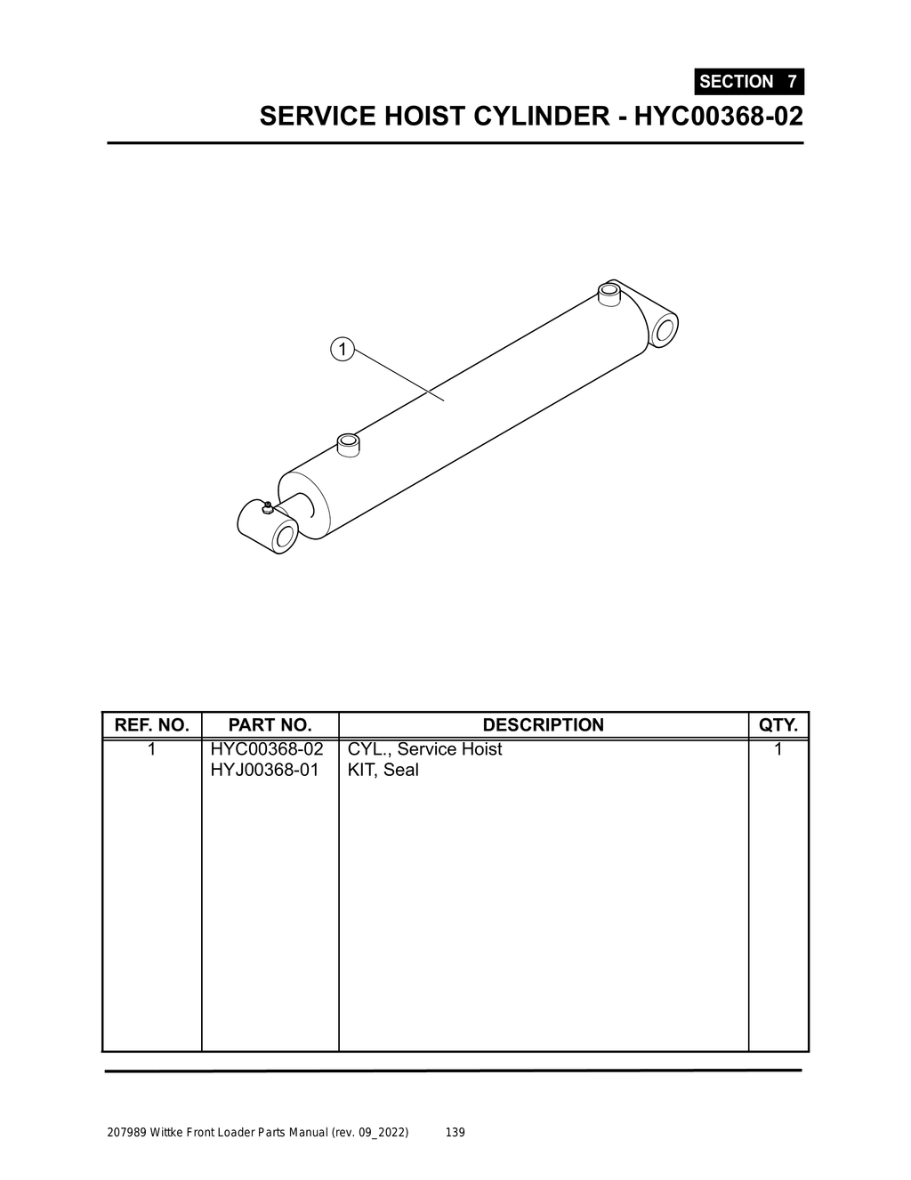 Wittke - All Models - PG 139 - Section 7 - SERVICE HOIST CYLINDER - HYC00368-02