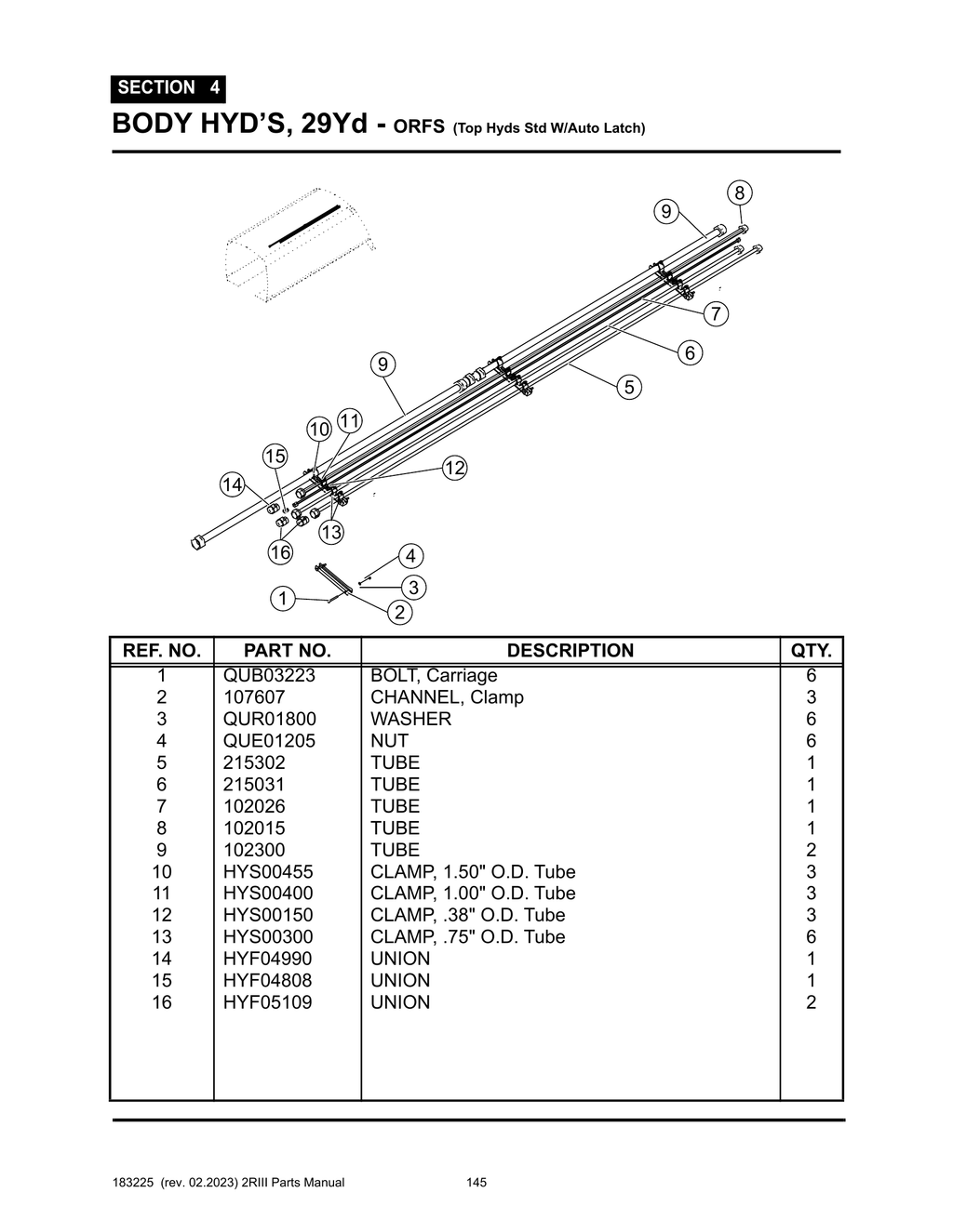 2R-III - PG 145 - SECTION 4 - BODY HYD’S, 29Yd - ORFS (Top Hyds Std W/Auto Latch)