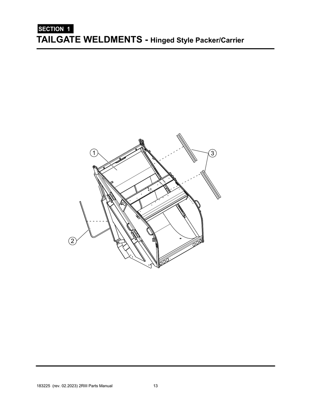 2R-III - PG 013 - SECTION 1 - TAILGATE WELDMENTS - Hinged Style Packer/Carrier