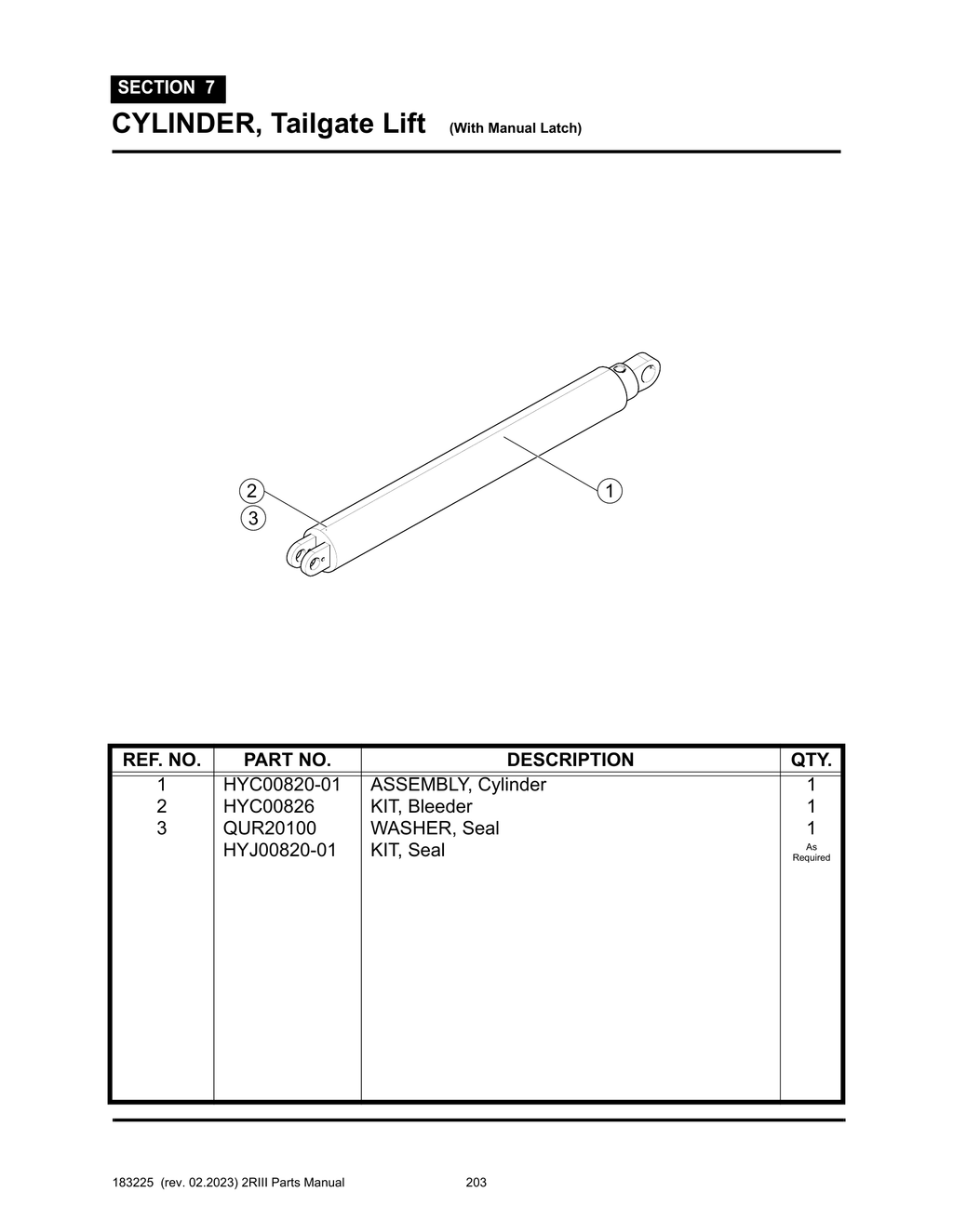 2R-III - PG 203 - SECTION 7 -  CYLINDER, Tailgate Lift (With Manual Latch)