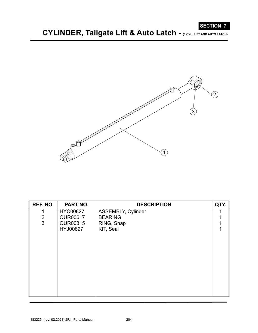 2R-III - PG 204 - SECTION 7 -  CYLINDER, Tailgate Lift & Auto Latch - (1 CYL. LIFT AND AUTO LATCH)