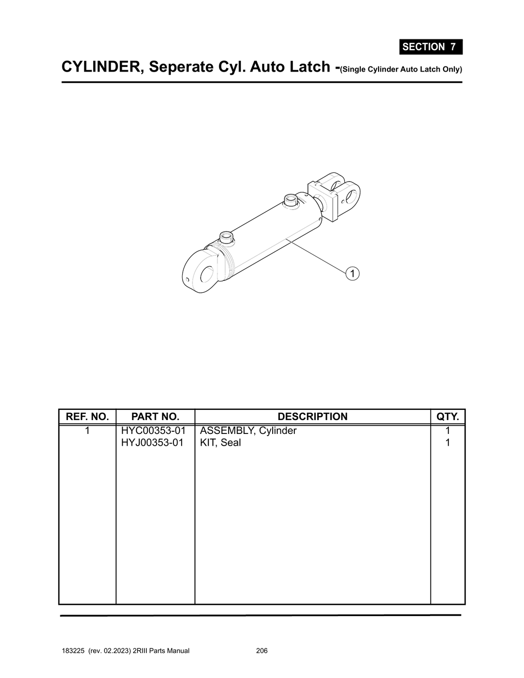 2R-III - PG 206 - SECTION 7 -  CYLINDER, Seperate Cyl. Auto Latch -(Single Cylinder Auto Latch Only)
