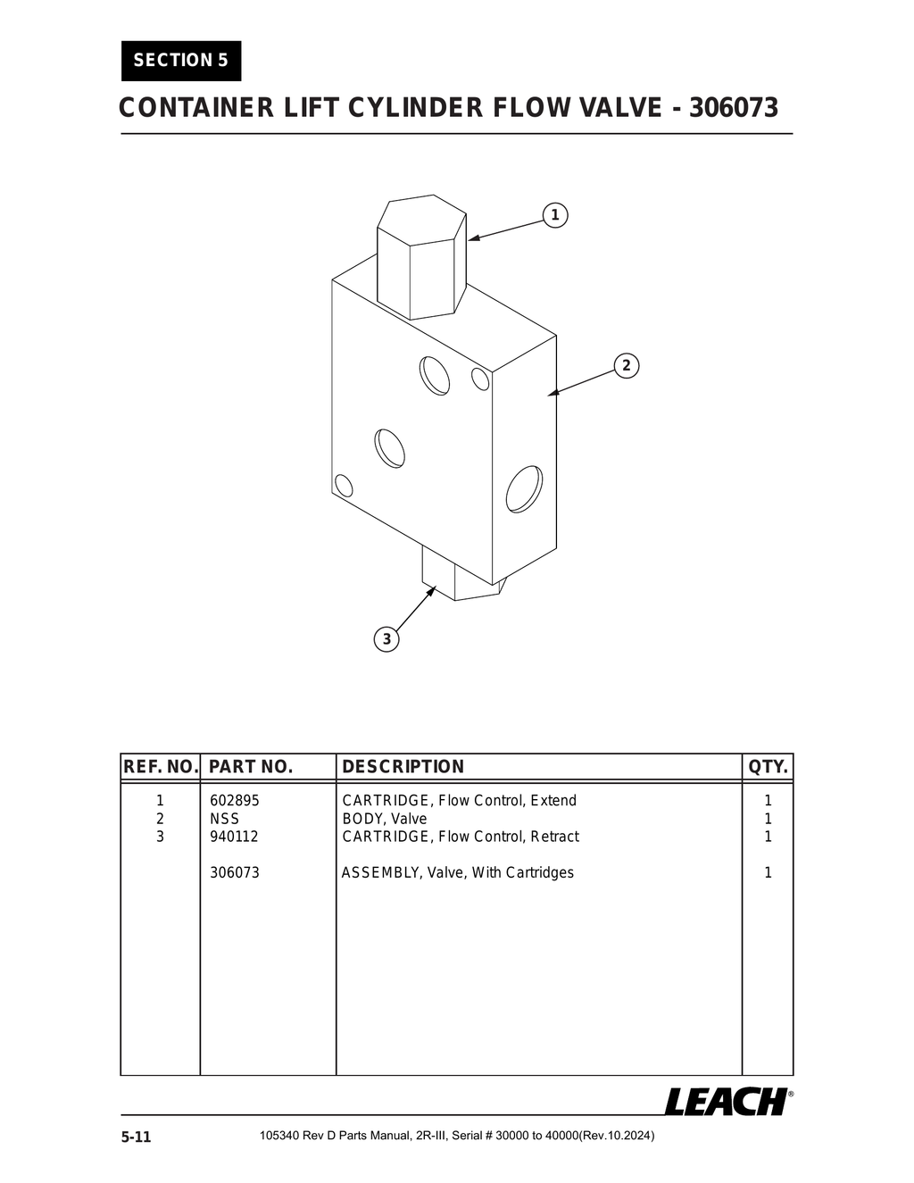 2R-III 30K/40K - PG 076 - Section 5 - CONTAINER LIFT CYLINDER FLOW VALVE - 306073